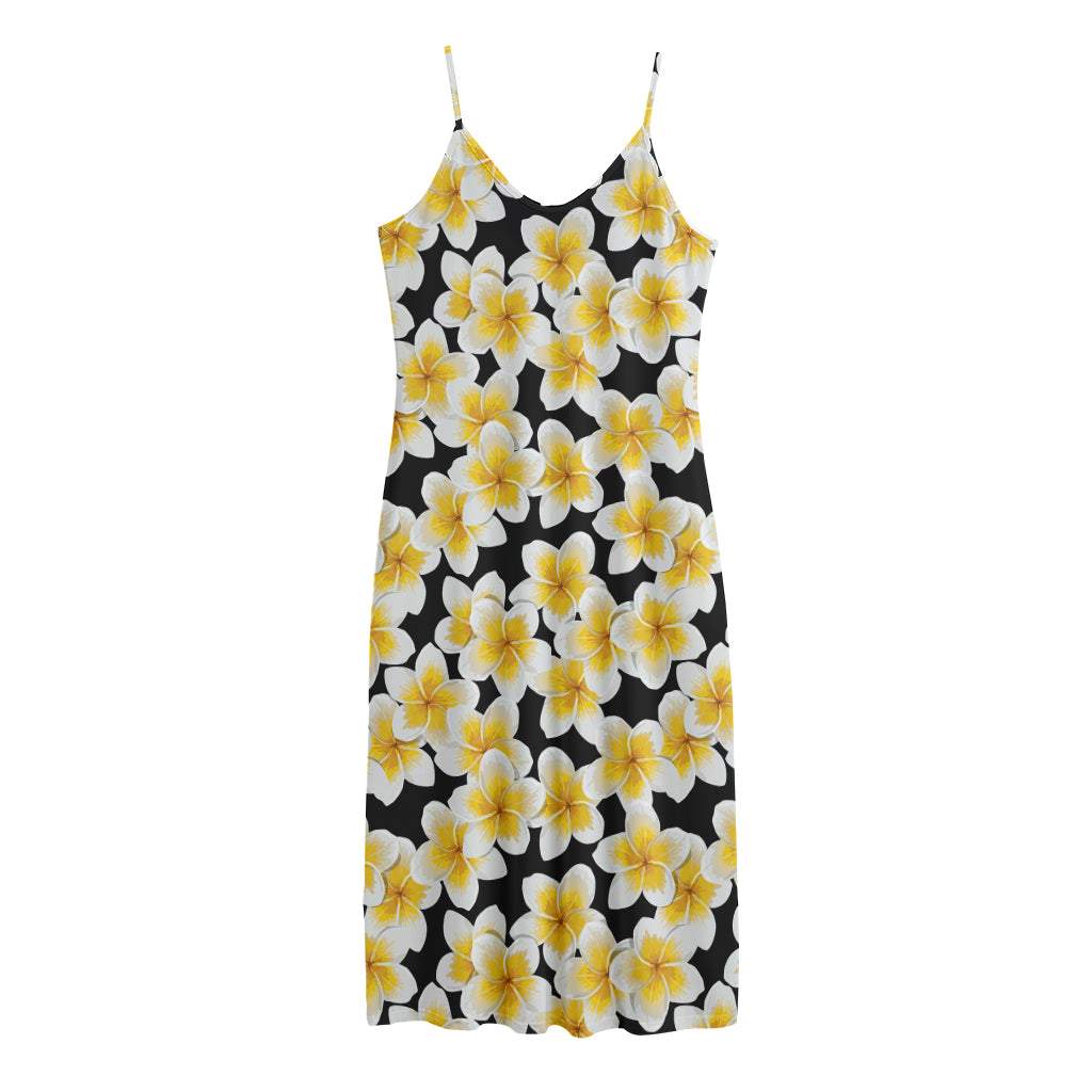 White And Black Frangipani Pattern Print Jersey Midi Cami Dress