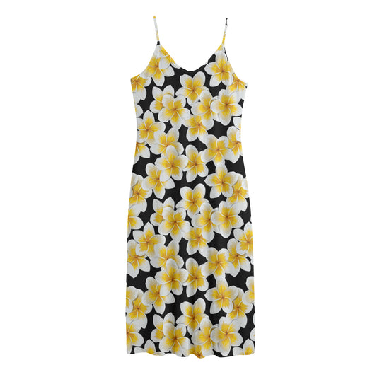 White And Black Frangipani Pattern Print Jersey Midi Cami Dress