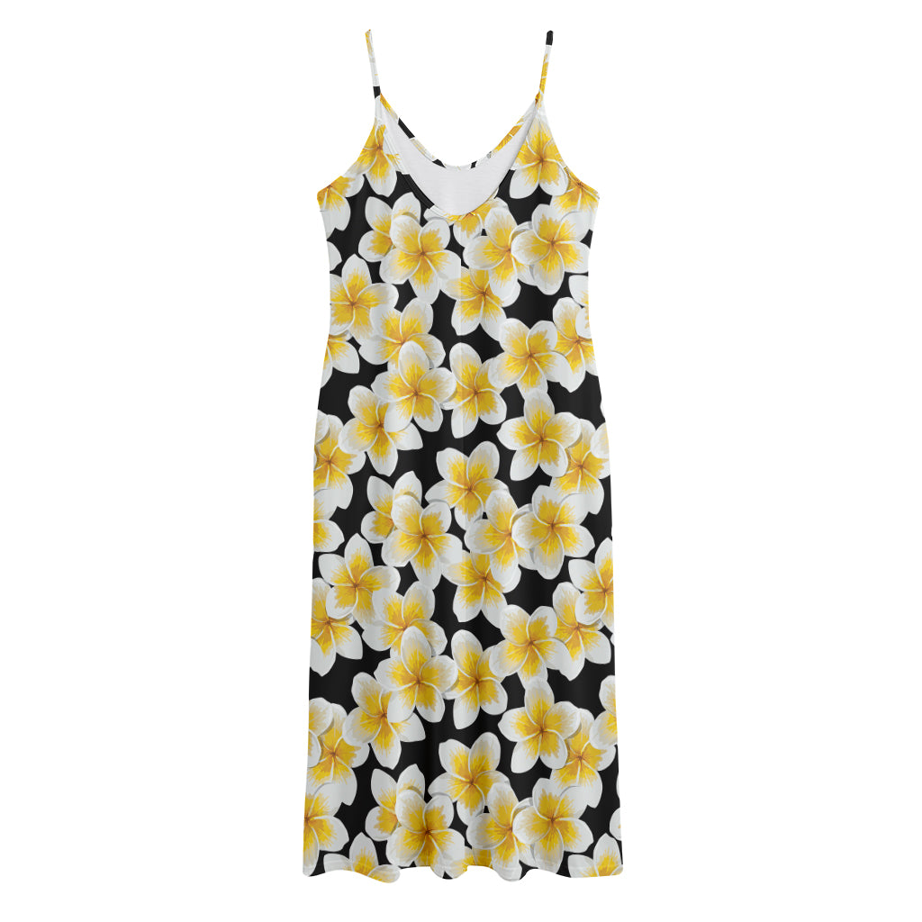 White And Black Frangipani Pattern Print Jersey Midi Cami Dress