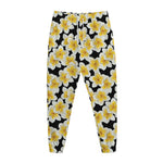 White And Black Frangipani Pattern Print Jogger Pants