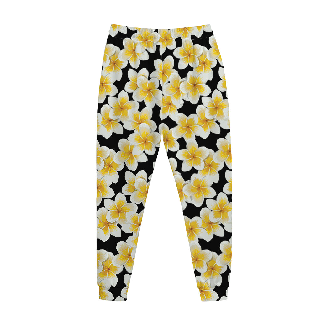 White And Black Frangipani Pattern Print Jogger Pants