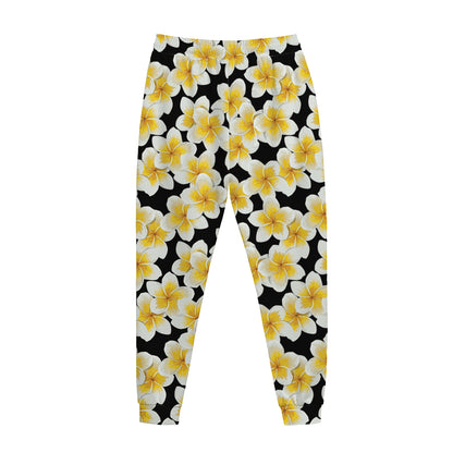 White And Black Frangipani Pattern Print Jogger Pants