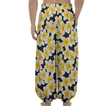 White And Black Frangipani Pattern Print Lantern Pants