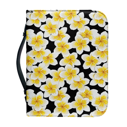 White And Black Frangipani Pattern Print Leather Bible Cover