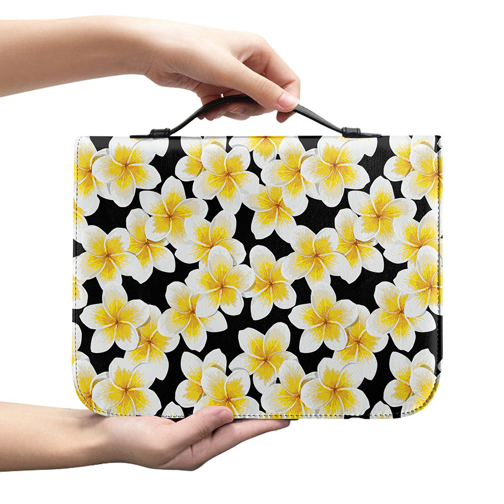 White And Black Frangipani Pattern Print Leather Bible Cover