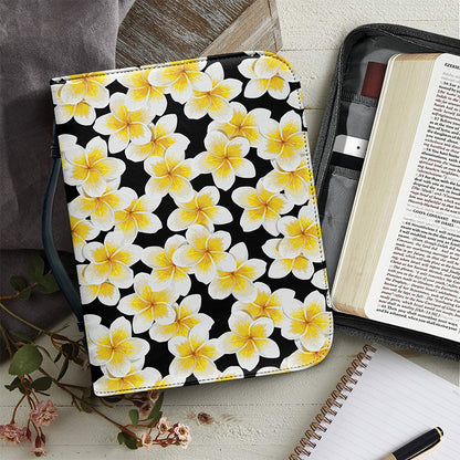 White And Black Frangipani Pattern Print Leather Bible Cover