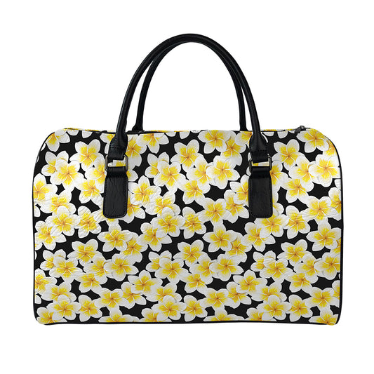 White And Black Frangipani Pattern Print Leather Duffle Bag