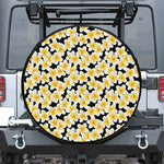 White And Black Frangipani Pattern Print Leather Spare Tire Cover