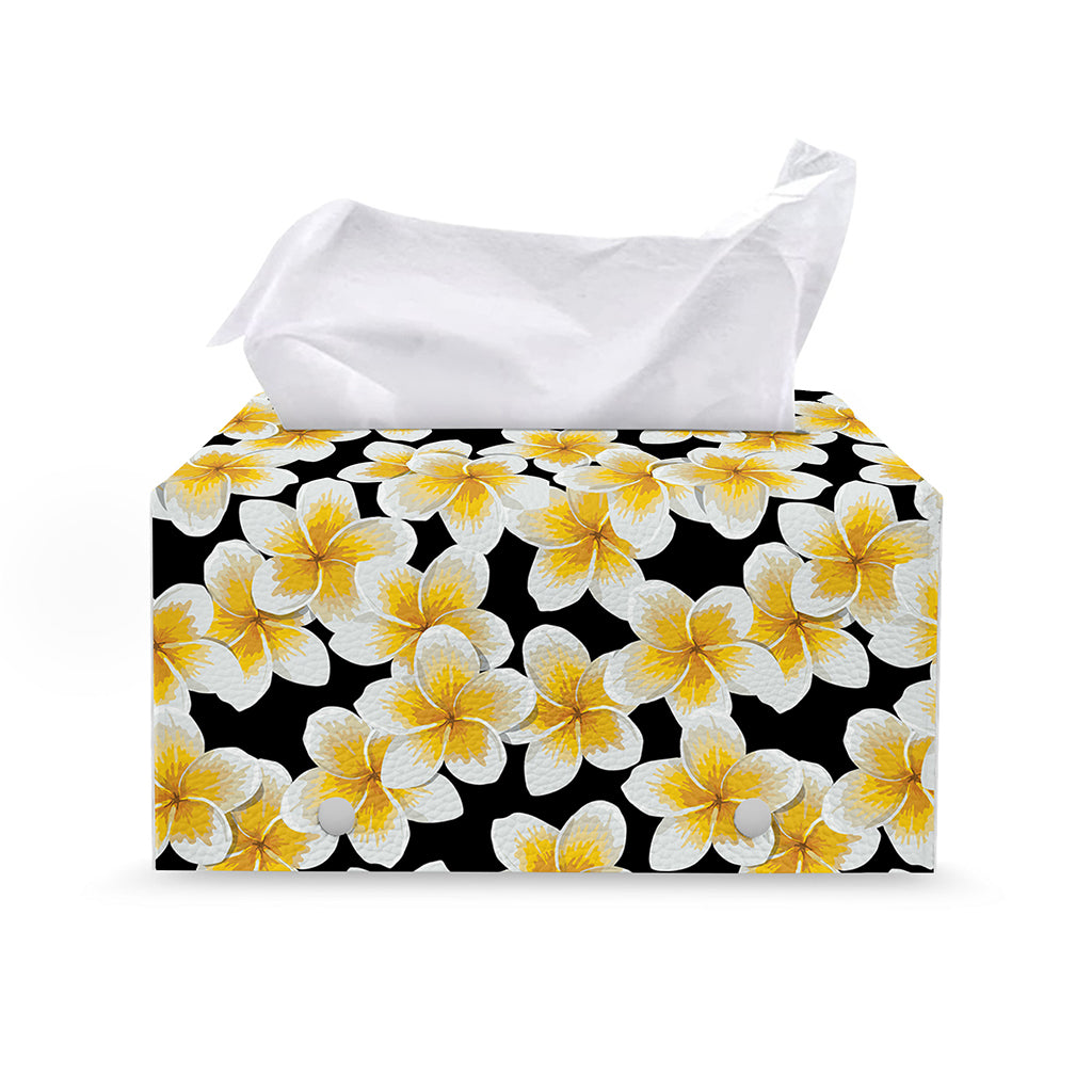 White And Black Frangipani Pattern Print Leather Tissue Box Cover