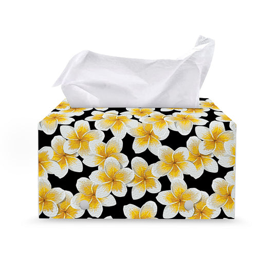 White And Black Frangipani Pattern Print Leather Tissue Box Cover