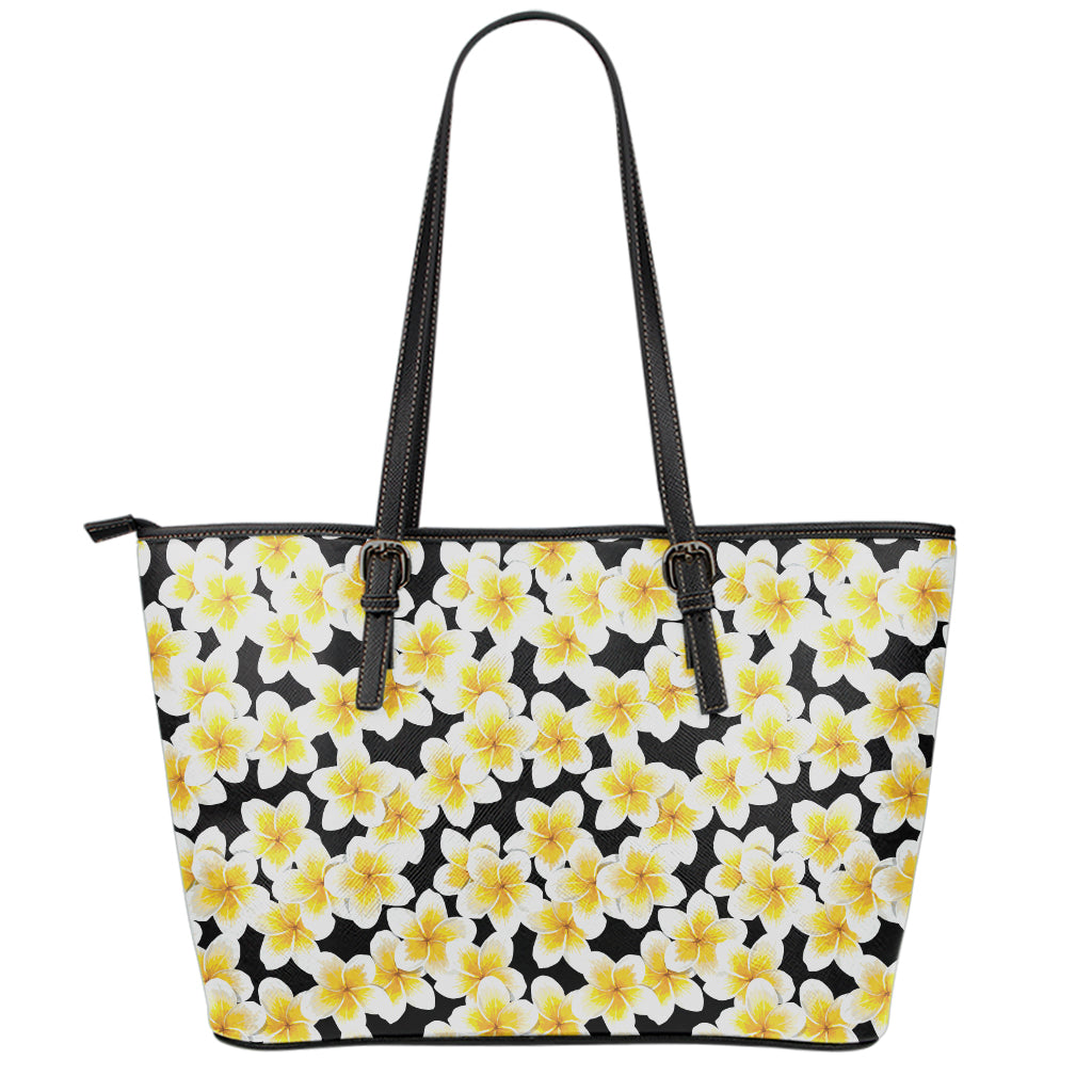 White And Black Frangipani Pattern Print Leather Tote Bag