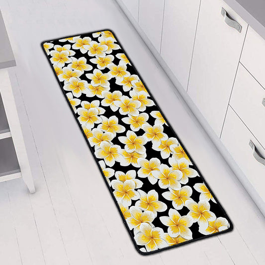White And Black Frangipani Pattern Print Long Kitchen Mat