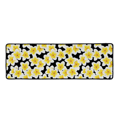 White And Black Frangipani Pattern Print Long Kitchen Mat