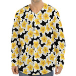 White And Black Frangipani Pattern Print Long Sleeve Baseball Jersey