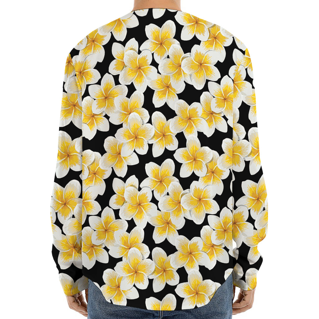 White And Black Frangipani Pattern Print Long Sleeve Baseball Jersey