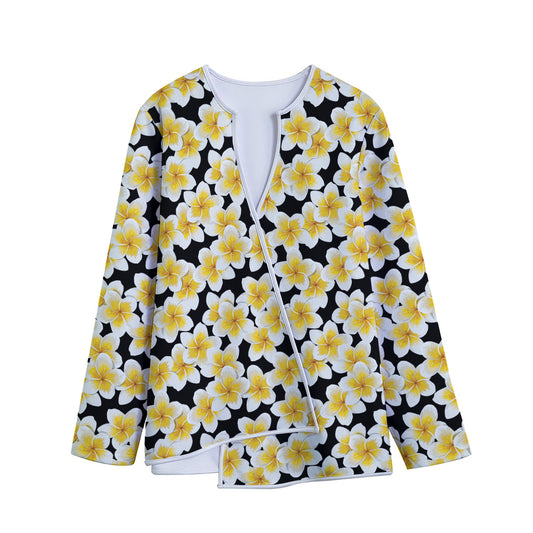 White And Black Frangipani Pattern Print Long Sleeve Short Coat
