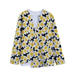 White And Black Frangipani Pattern Print Long Sleeve Short Coat