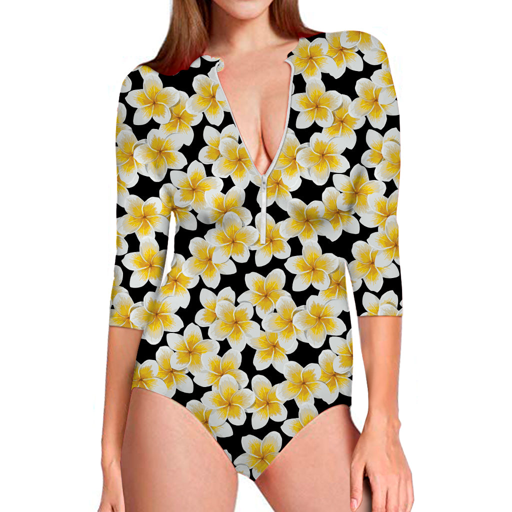 White And Black Frangipani Pattern Print Long Sleeve Swimsuit