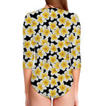 White And Black Frangipani Pattern Print Long Sleeve Swimsuit