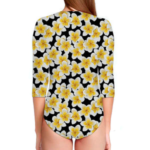 White And Black Frangipani Pattern Print Long Sleeve Swimsuit