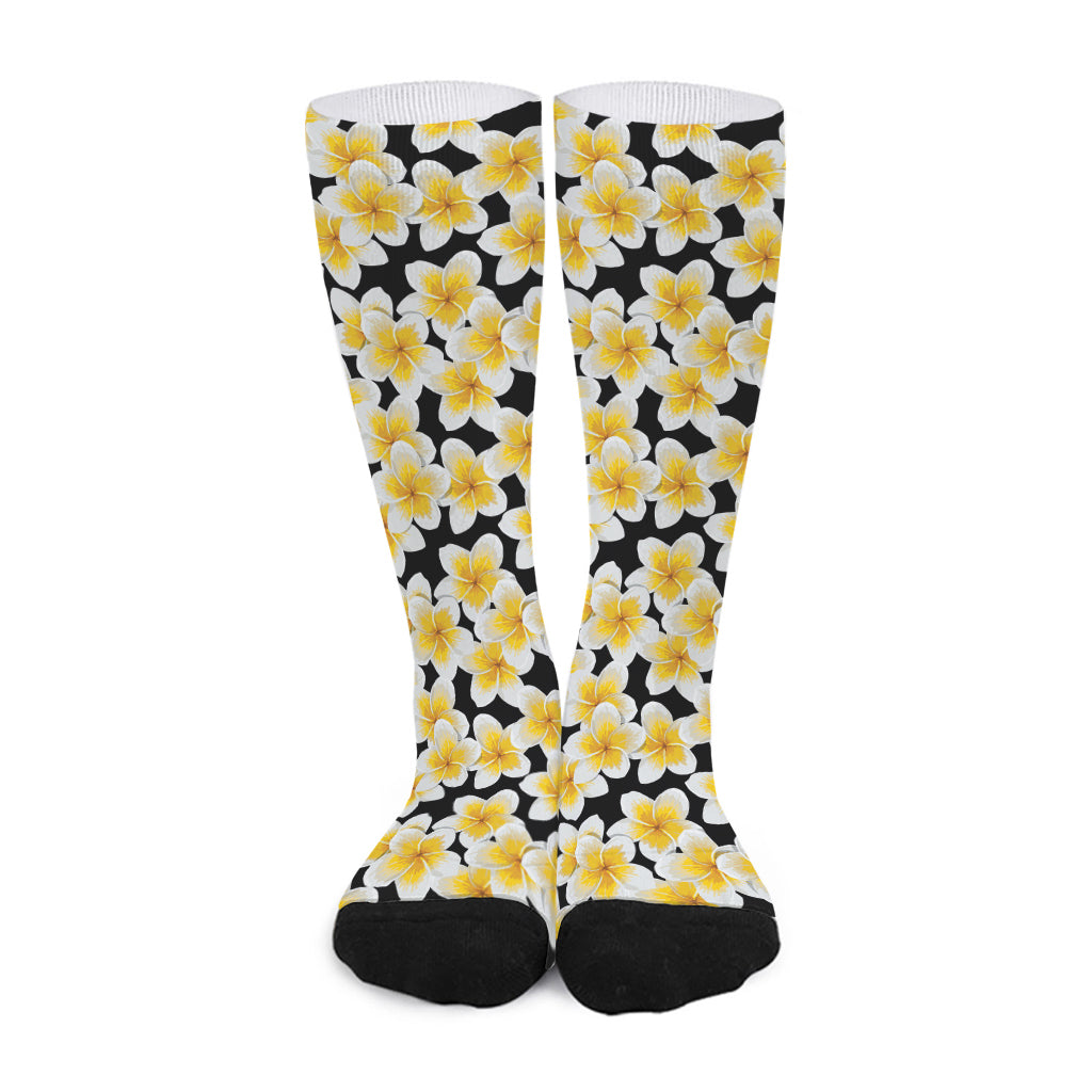 White And Black Frangipani Pattern Print Long Socks