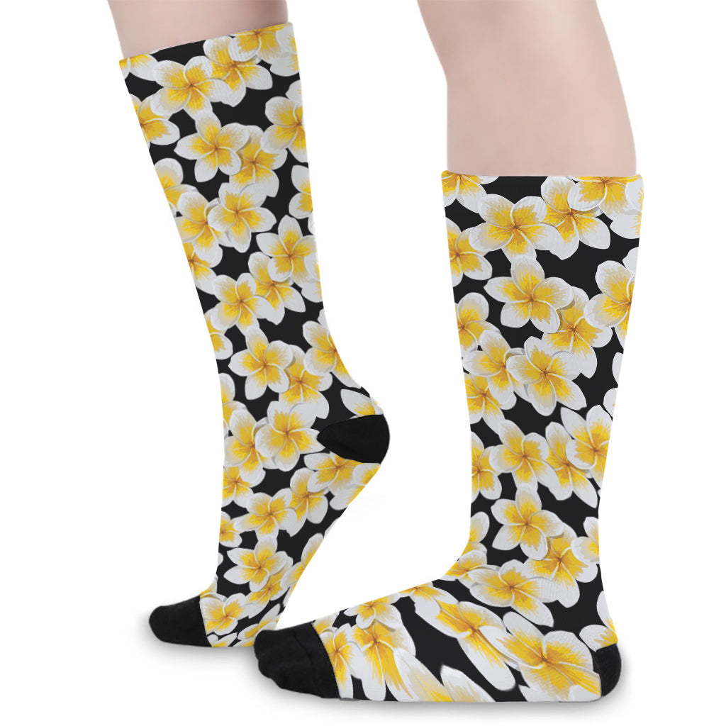 White And Black Frangipani Pattern Print Long Socks