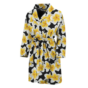 White And Black Frangipani Pattern Print Men's Bathrobe