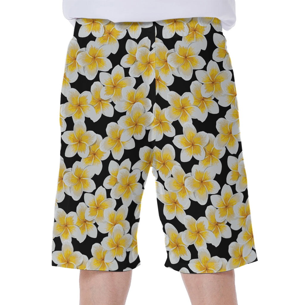 White And Black Frangipani Pattern Print Men's Beach Shorts