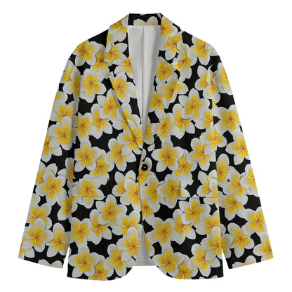White And Black Frangipani Pattern Print Men's Blazer