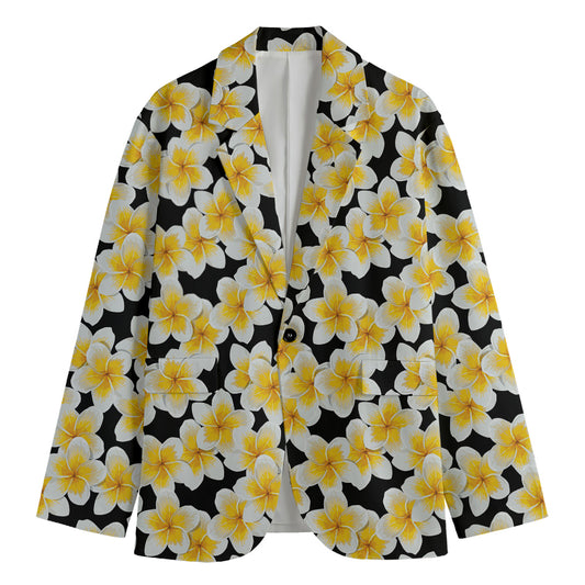 White And Black Frangipani Pattern Print Men's Blazer