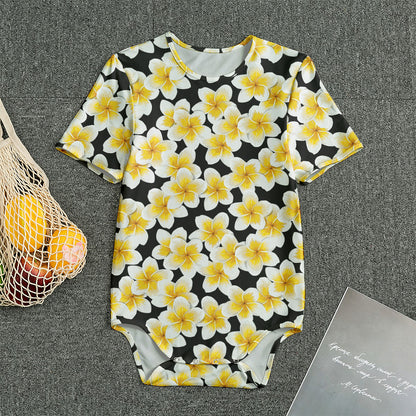 White And Black Frangipani Pattern Print Men's Bodysuit
