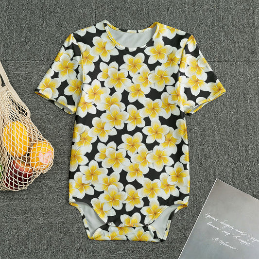 White And Black Frangipani Pattern Print Men's Bodysuit