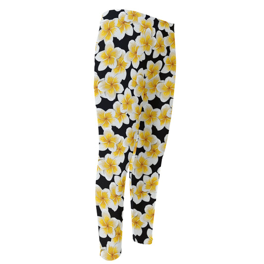 White And Black Frangipani Pattern Print Men's Compression Pants