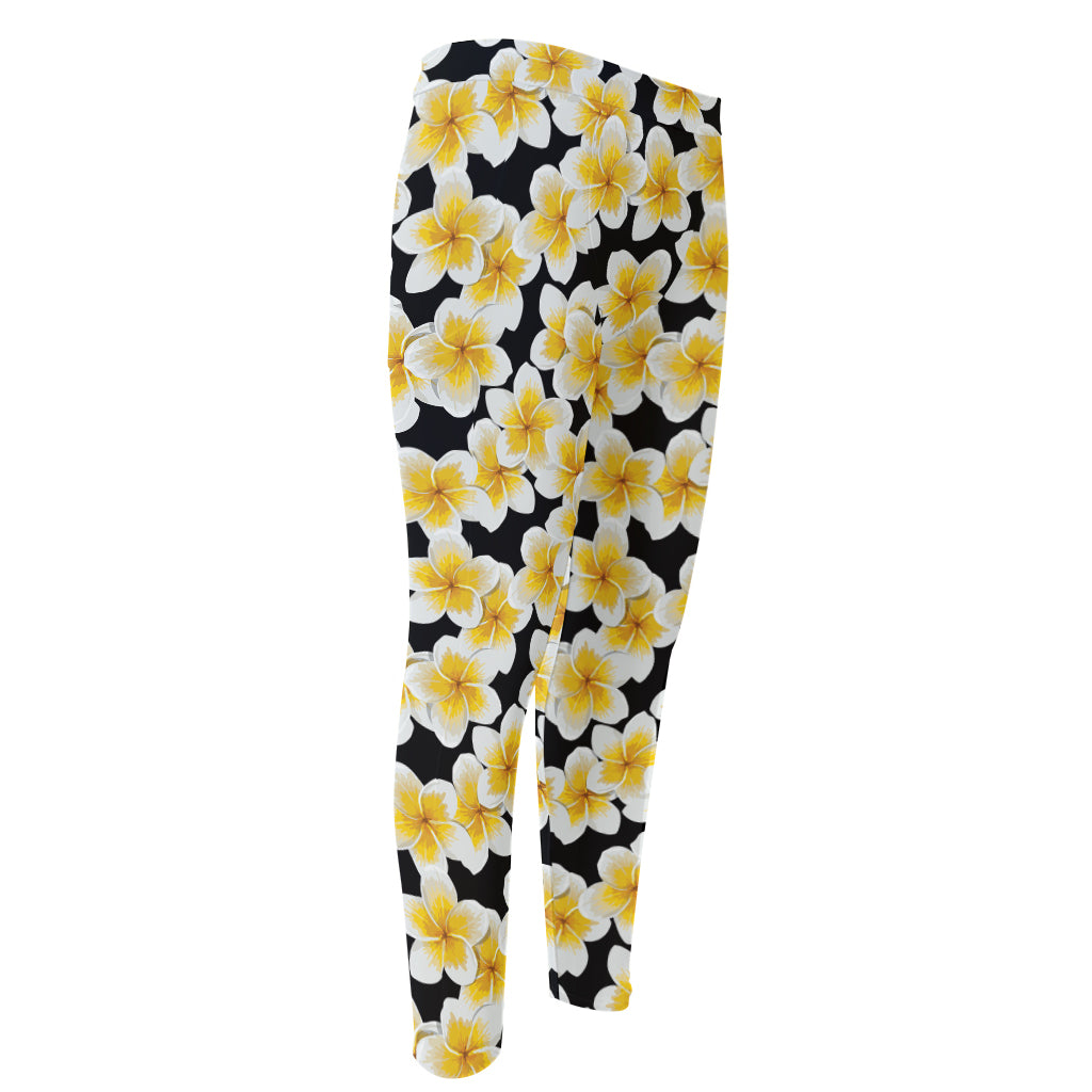 White And Black Frangipani Pattern Print Men's Compression Pants