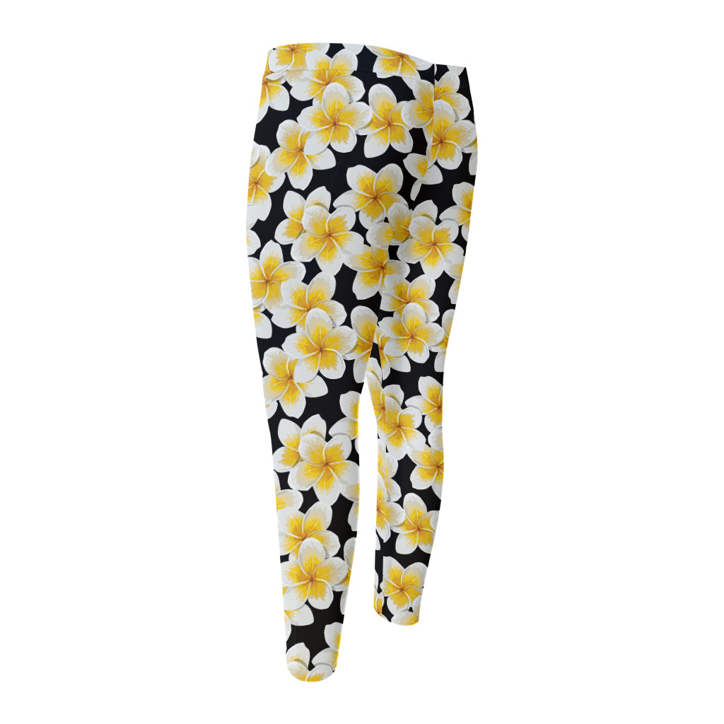 White And Black Frangipani Pattern Print Men's Compression Pants