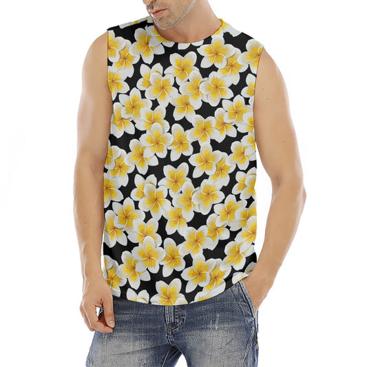 White And Black Frangipani Pattern Print Men's Fitness Tank Top