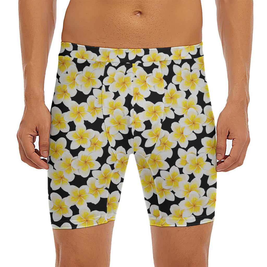 White And Black Frangipani Pattern Print Men's Long Boxer Briefs