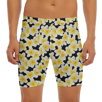 White And Black Frangipani Pattern Print Men's Long Boxer Briefs