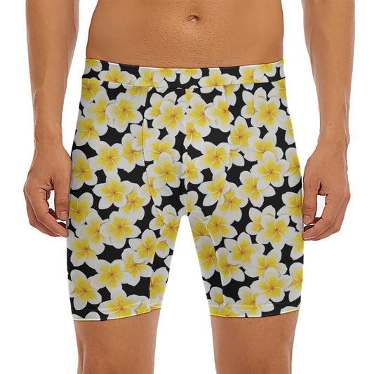 White And Black Frangipani Pattern Print Men's Long Boxer Briefs
