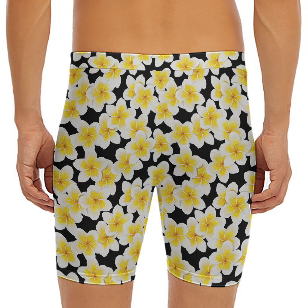 White And Black Frangipani Pattern Print Men's Long Boxer Briefs