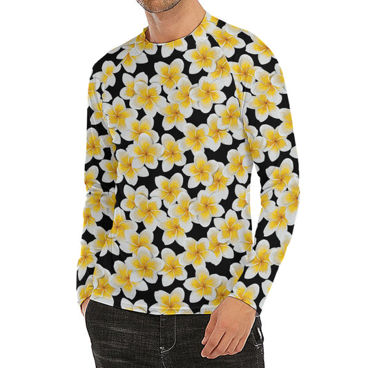 White And Black Frangipani Pattern Print Men's Long Sleeve Rash Guard