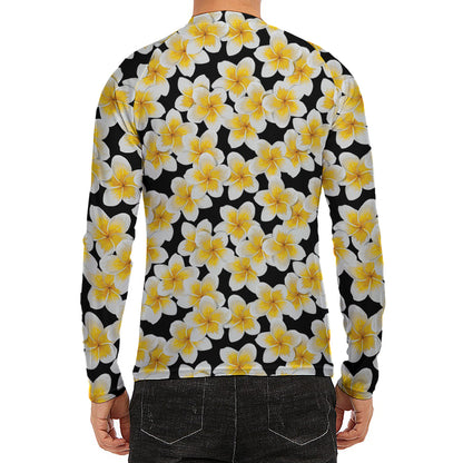 White And Black Frangipani Pattern Print Men's Long Sleeve Rash Guard