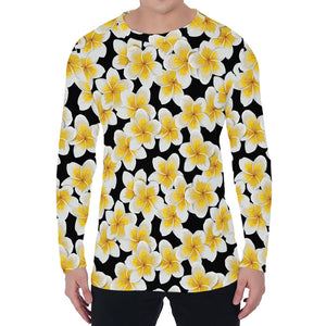 White And Black Frangipani Pattern Print Men's Long Sleeve T-Shirt