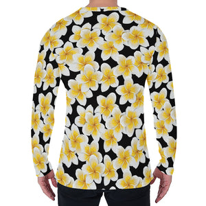 White And Black Frangipani Pattern Print Men's Long Sleeve T-Shirt