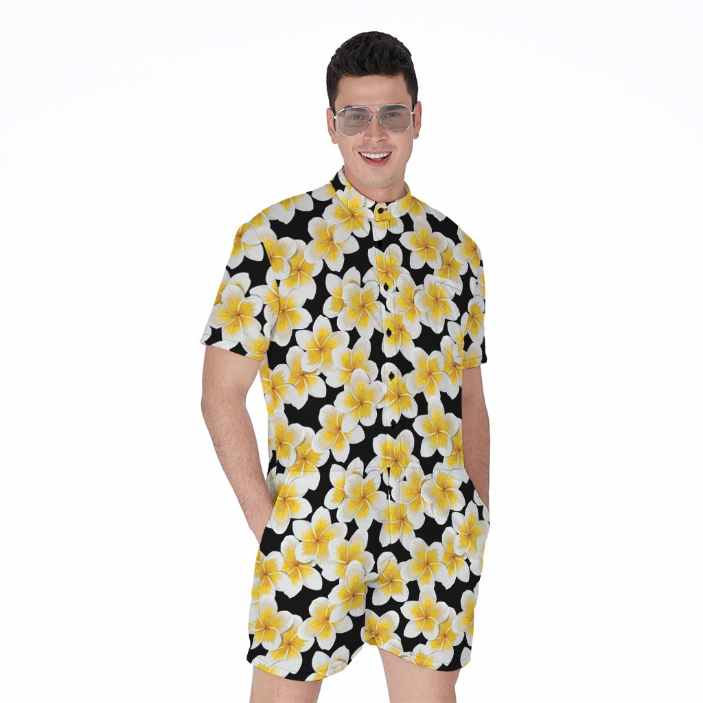 White And Black Frangipani Pattern Print Men's Rompers