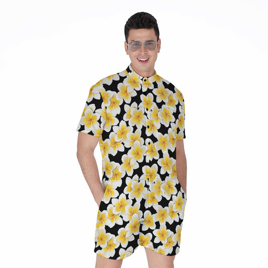 White And Black Frangipani Pattern Print Men's Rompers