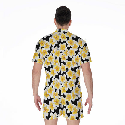 White And Black Frangipani Pattern Print Men's Rompers