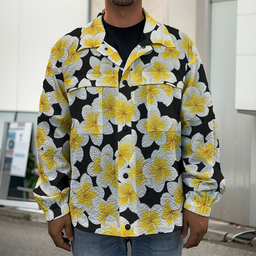 White And Black Frangipani Pattern Print Men's Shirt Jacket