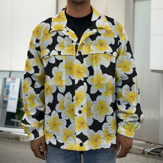 White And Black Frangipani Pattern Print Men's Shirt Jacket
