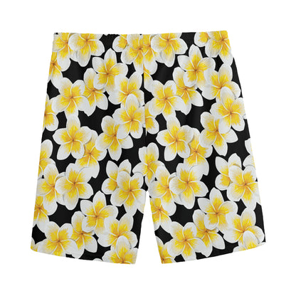 White And Black Frangipani Pattern Print Men's Sports Shorts